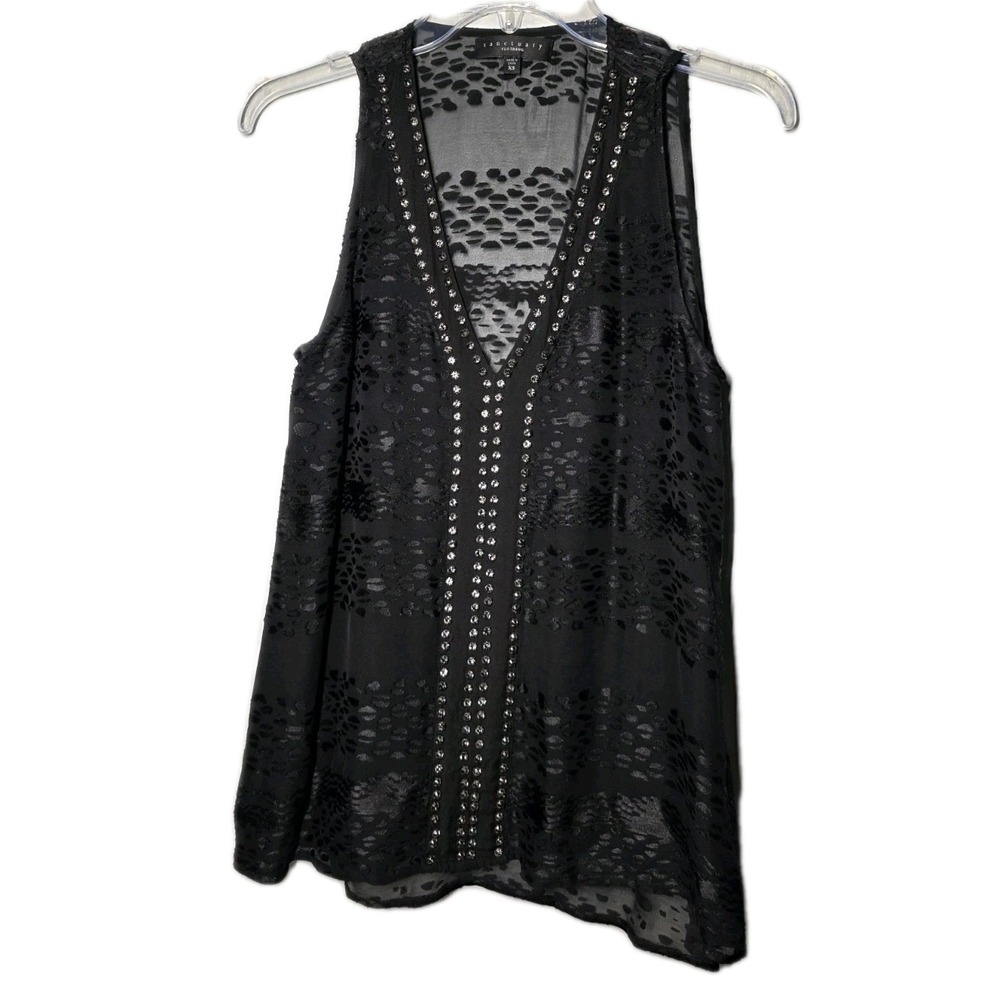 Sanctuary Womens Size XS Black‎ Sheer Jeweled Velvet Silk Blouse